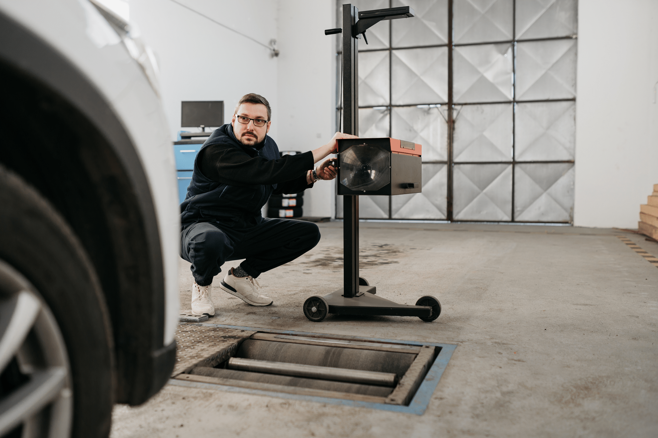 A car with a mechanic inspecting the lights