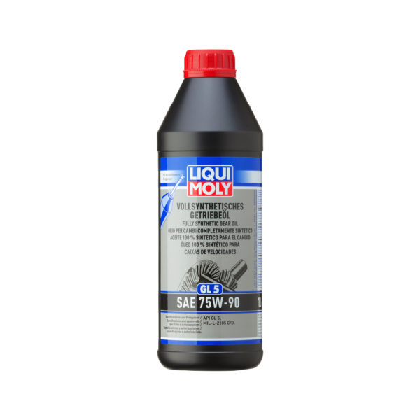a bottle of Liqui Moly Fully Synthetic Gear Oil GL5 SAE 75W-90 1L
